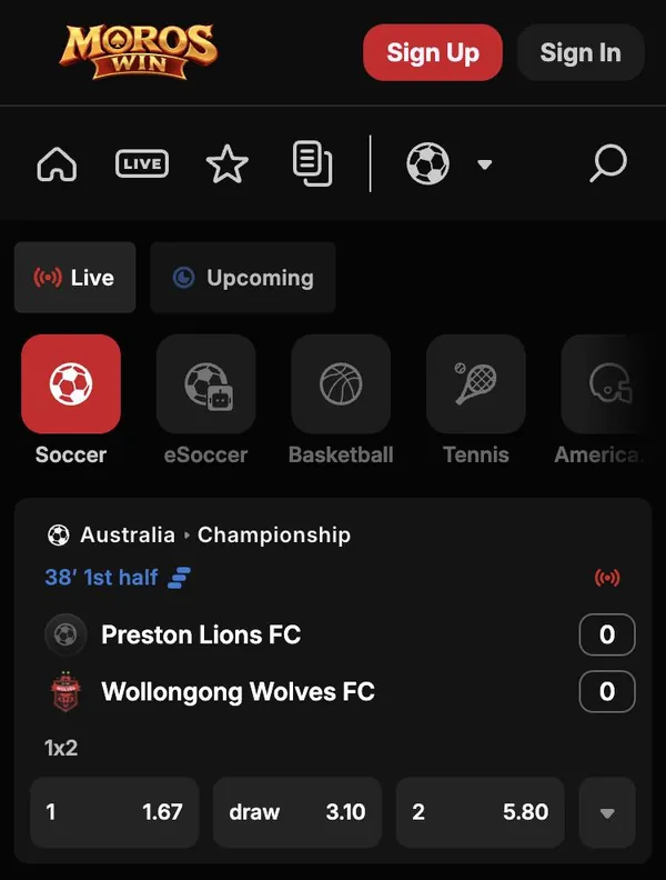 Live football markets in the MorosWin sportsbook on mobile