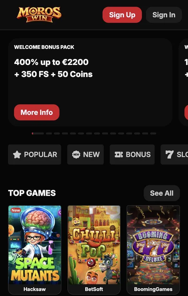 MorosWin lobby on a phone with the welcome pack banner and top games