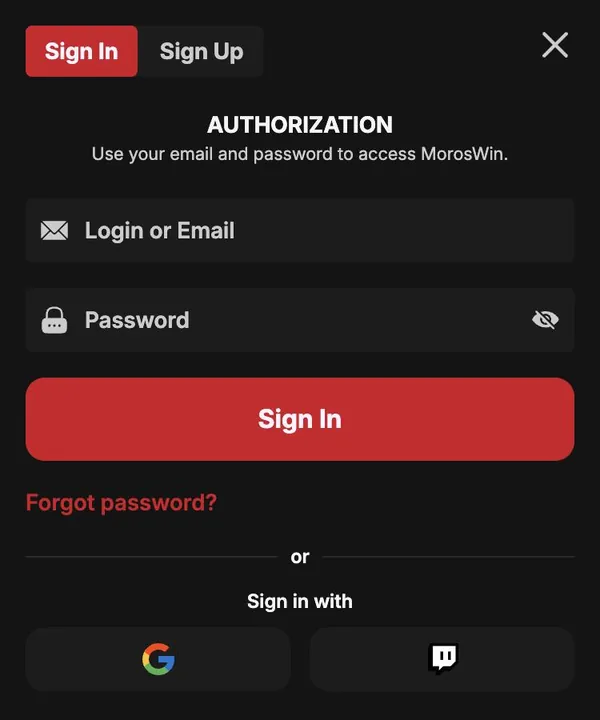 MorosWin sign-in window with login, password and Google or Twitch buttons