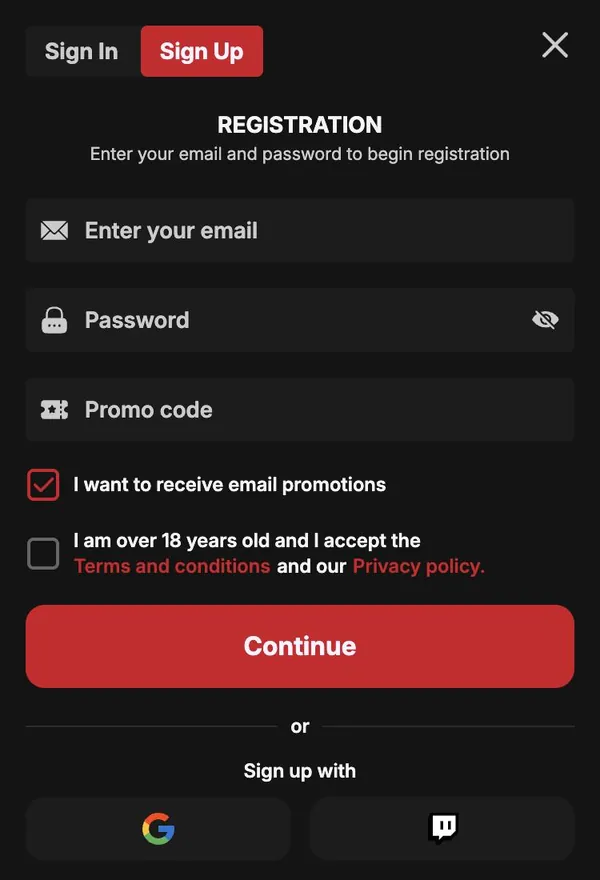 MorosWin sign-up form with email, password and promo code fields