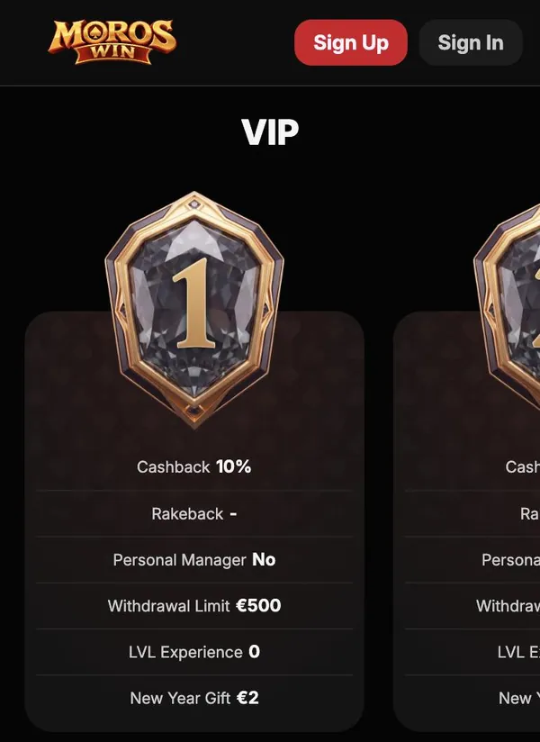 MorosWin VIP page showing level 1 with 10% cashback and a €500 withdrawal limit