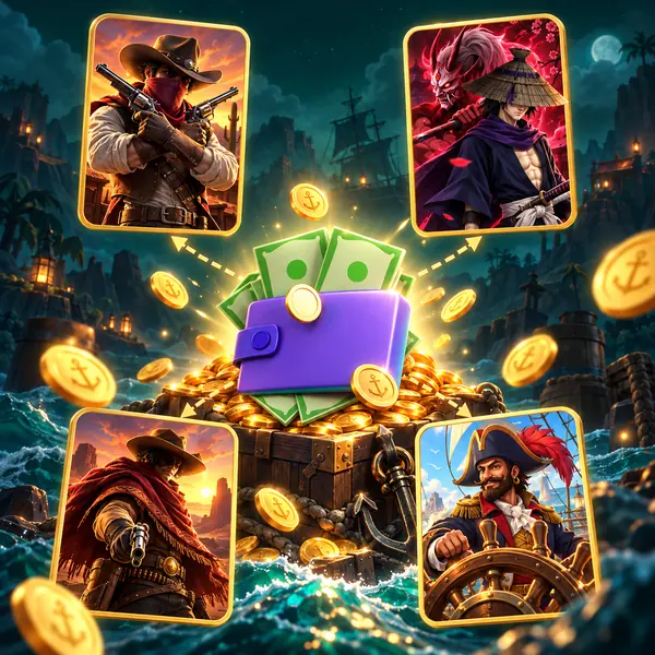 MorosWin welcome pack art: a wallet of banknotes on a treasure chest, with the four free spin slots around it