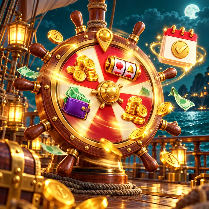 MorosWin Wheel of Fortune built into a ship's helm, with coins, a slot reel and a wallet on its segments